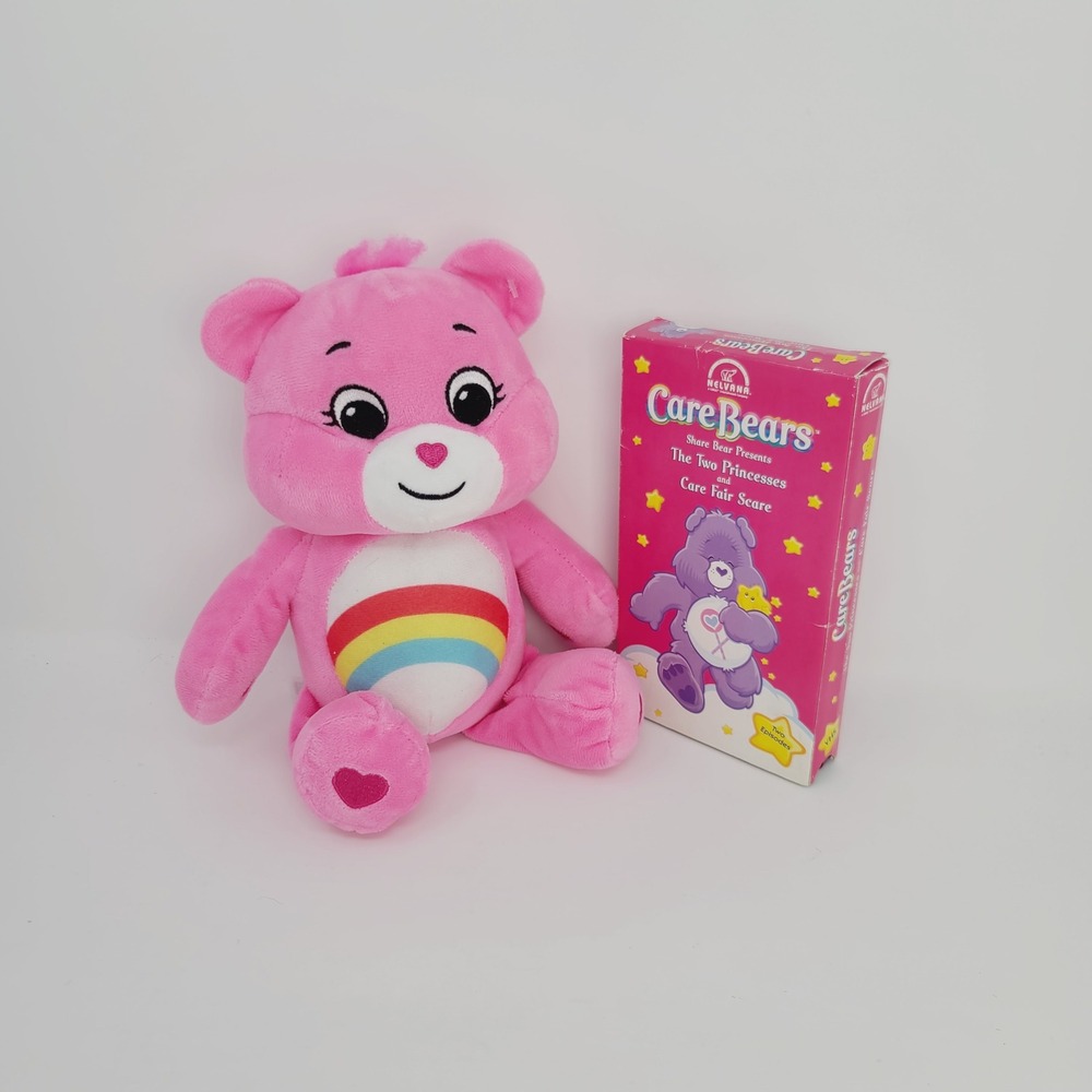 Basic Fun Care Bears Cheer Bear Plush & 2002 VHS Tape Lot Pink 12" Promotional